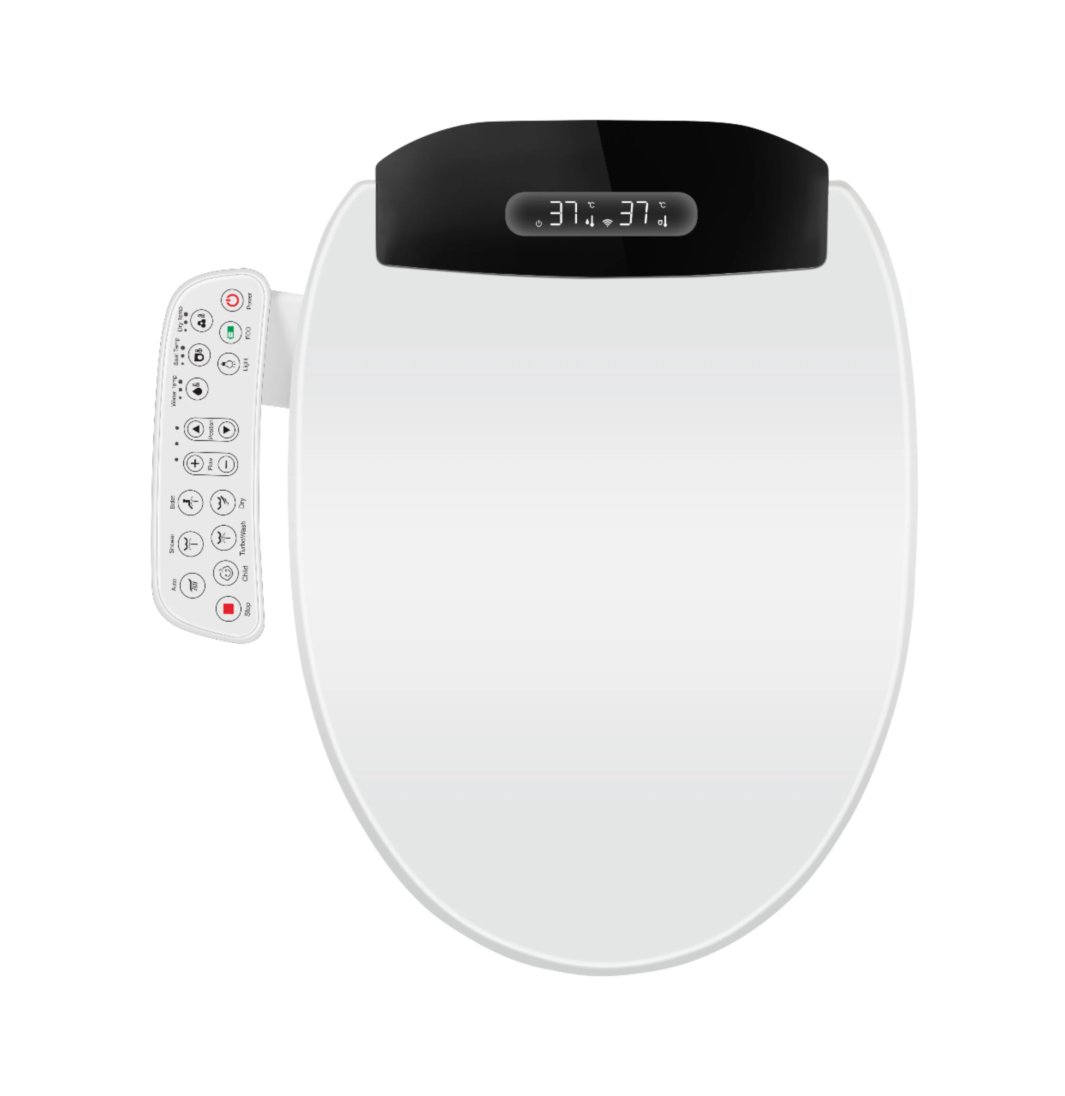 Energy-saving design, smart toilet seat, with warm air drying function, heated seat, extended plastic seat, modern bathroom.