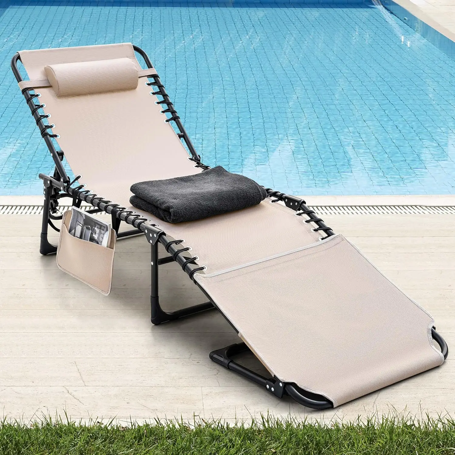 Folding Chaise Lounge Set 2, Adjustable 5-Position Tanning Chair with Face Hole & Pillow for Beach, Pool, Khaki, Customized