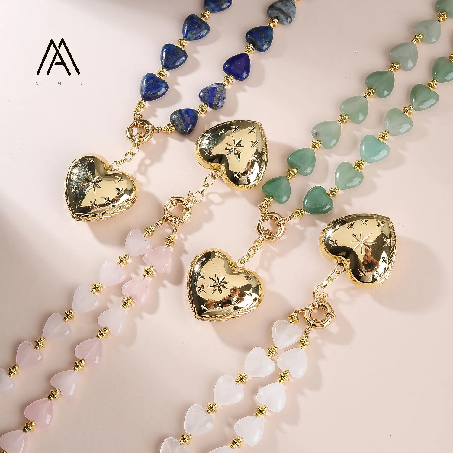 AMZ-ZJ10 15mm Faceted Natural Stone Necklaces 18k Gold Plated Heart Pendant Natural Amethysts Tiger Eye Heart Beads Hand-made