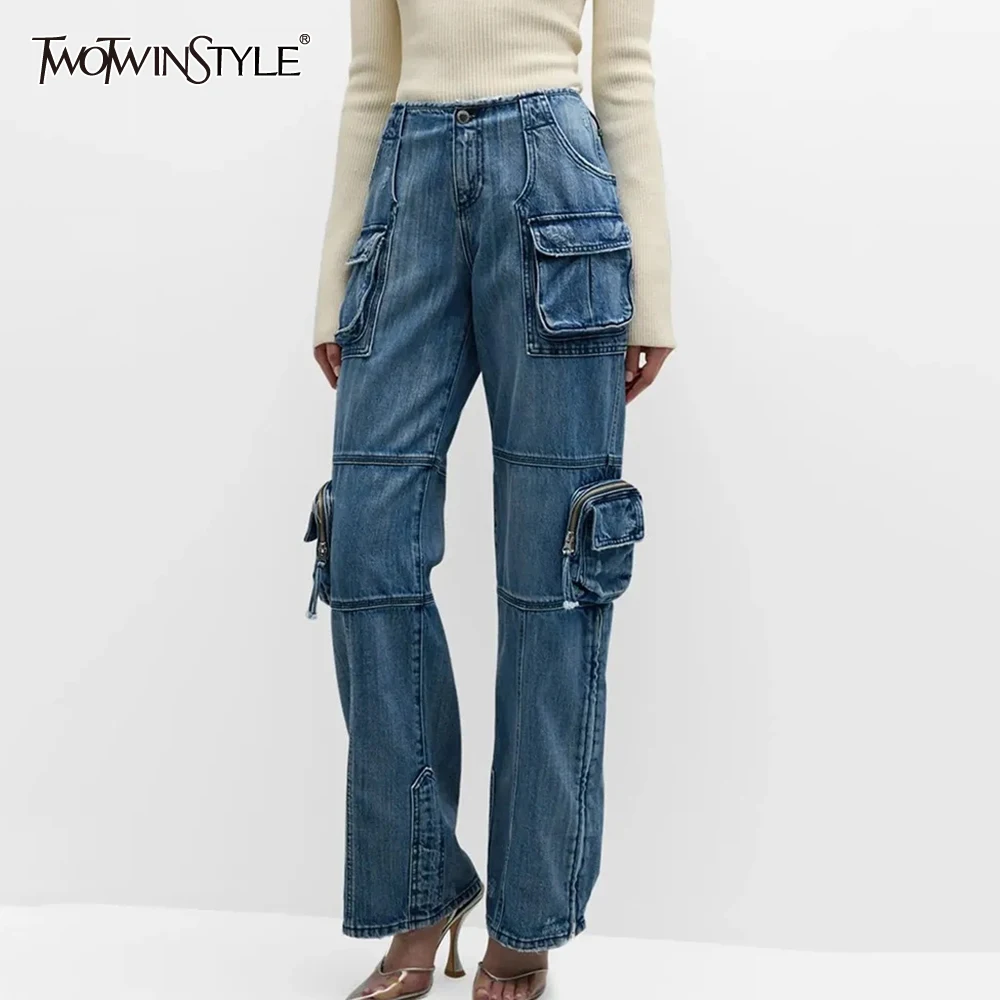 TWOTWINSTYLE Spliced More Than A Pocket Jeans For Women High Waist Minimalist Streetwear Loose Cargo Pants Female Fashion 2023