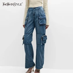 TWOTWINSTYLE-pantalones vaqueros con bolsillos para mujer, ropa de calle minimalista de cintura alta, holgados, A la moda, 2023