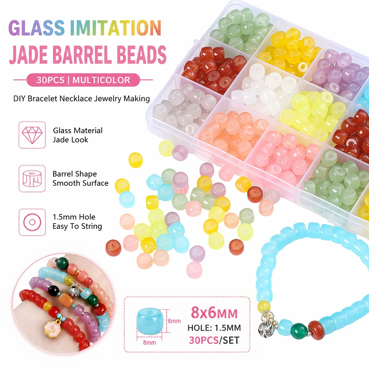 8x6mm Multicolor Glass Jade Style Tube Barrel Beads 1.5mm Hole 30pcs Loose Beads for DIY Bracelet Necklace Jewelry Making