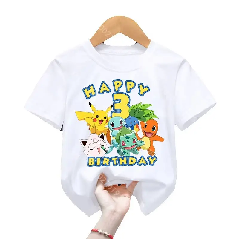 Happy Birthday T Shirt Cartoon Pikachus Squirtles Cute T Shirt for Boys Pokemons Summer Student Clothes Tops Anime Short Sleeve view 3