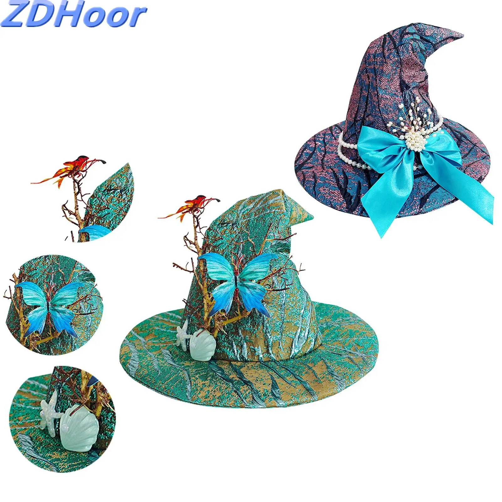 Chapeau de sorcière d'halloween, chapeaux de sorcière, Design de zone de forêt ou de mer, chapeau de magicien pour mascarade, accessoires de Cosplay, Costume de Renaissance