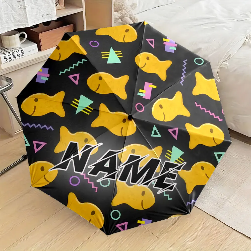 Custom Name Umbrella, Colorful Fish Pattern Umbrella with Retro Geometric Design Folding Umbrella for Sunny and Rainy,Gift