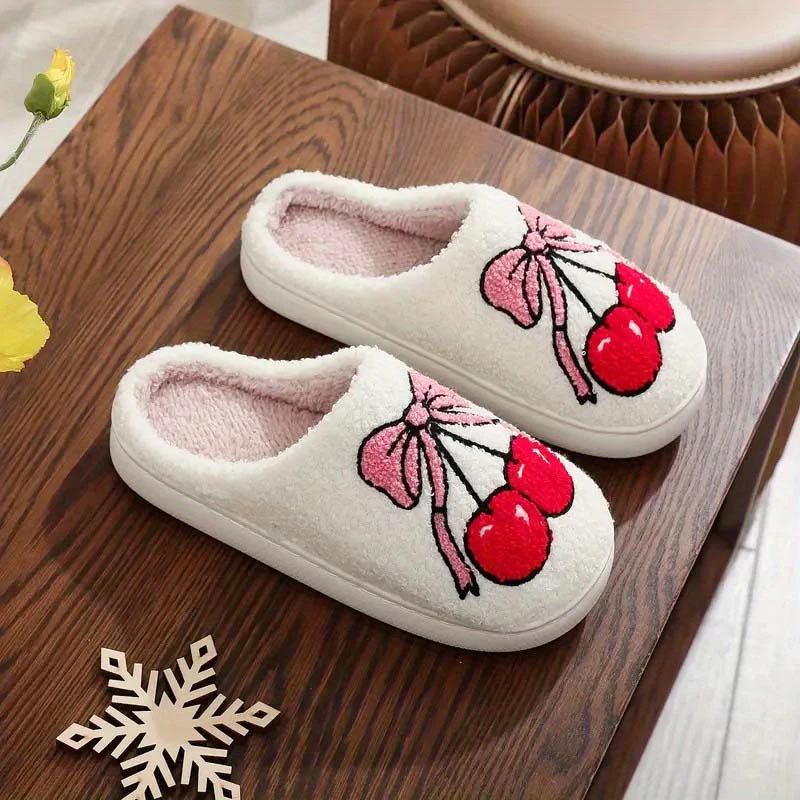 Casual Flauschige Hausschuhe Frauen Hause Bowknot Kirsche Luxus Designer Schuhe Damen Winter Plattform Innen Elegante Pelz Schuhe Flache