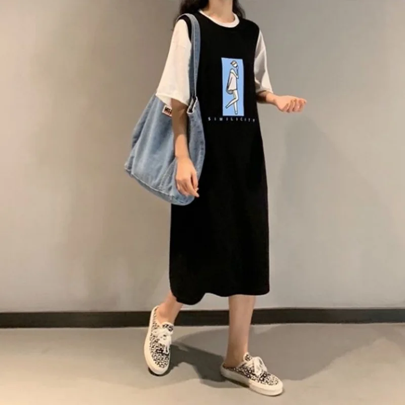 Korean Sleeveless T Shirt Dress Women's Summer Casual Print  Loose O Neck Tunic Printed Basic Dresses Vestidos Streetwear Outfit