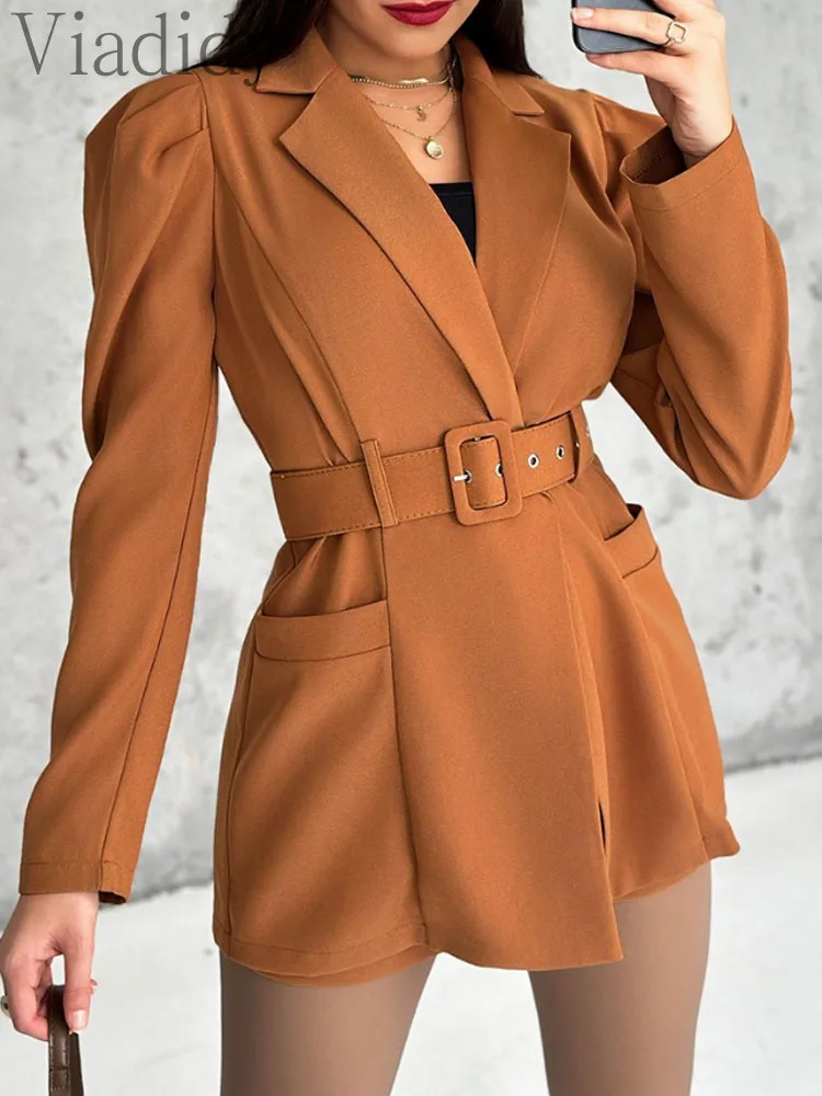 

Women's Sexy Solid Color Notched Collar Puff Sleeve Blazer Romper With Belt