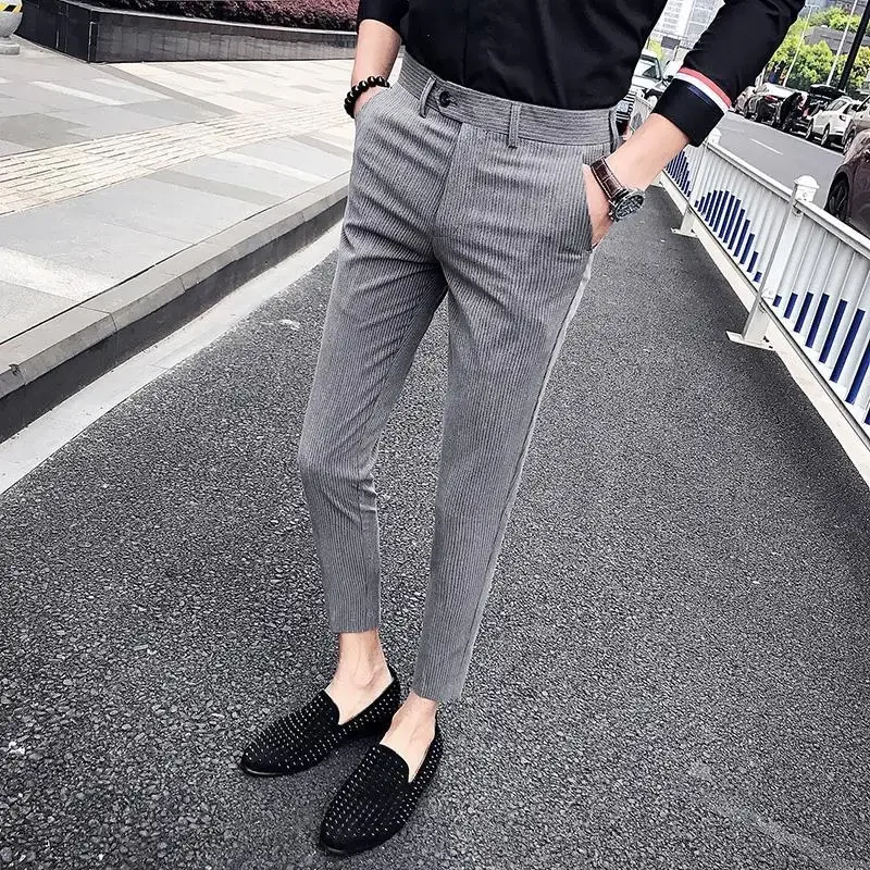 Business Man Suits Pants Striped Gray Trousers for Men Social Tailoring Spandex Up Vintage Korean Style Clothes Reviews Many