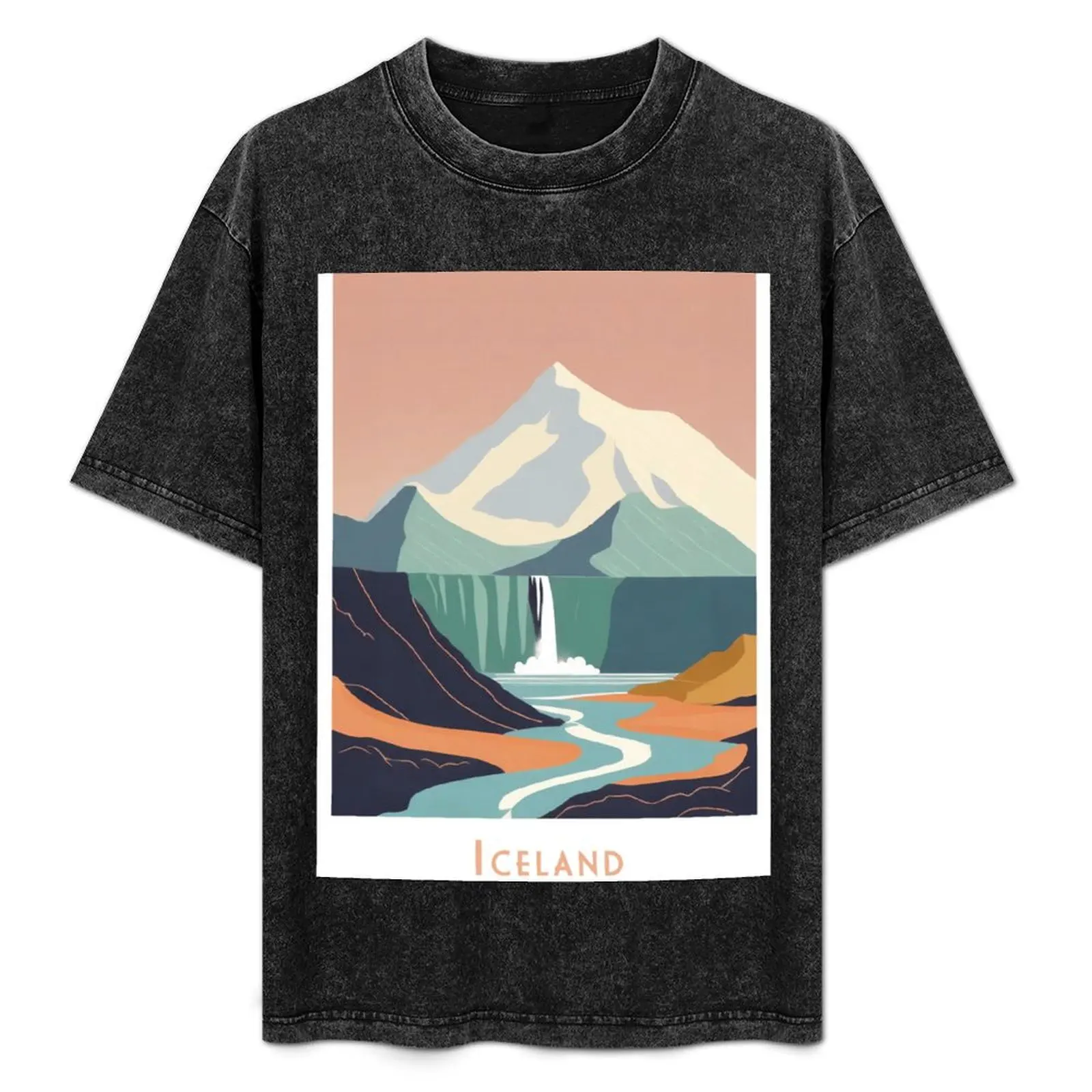 

Vintage Minimal Retro Travel Poster Waterfall in Iceland T-Shirt Plus Size Comfort Fit Tee