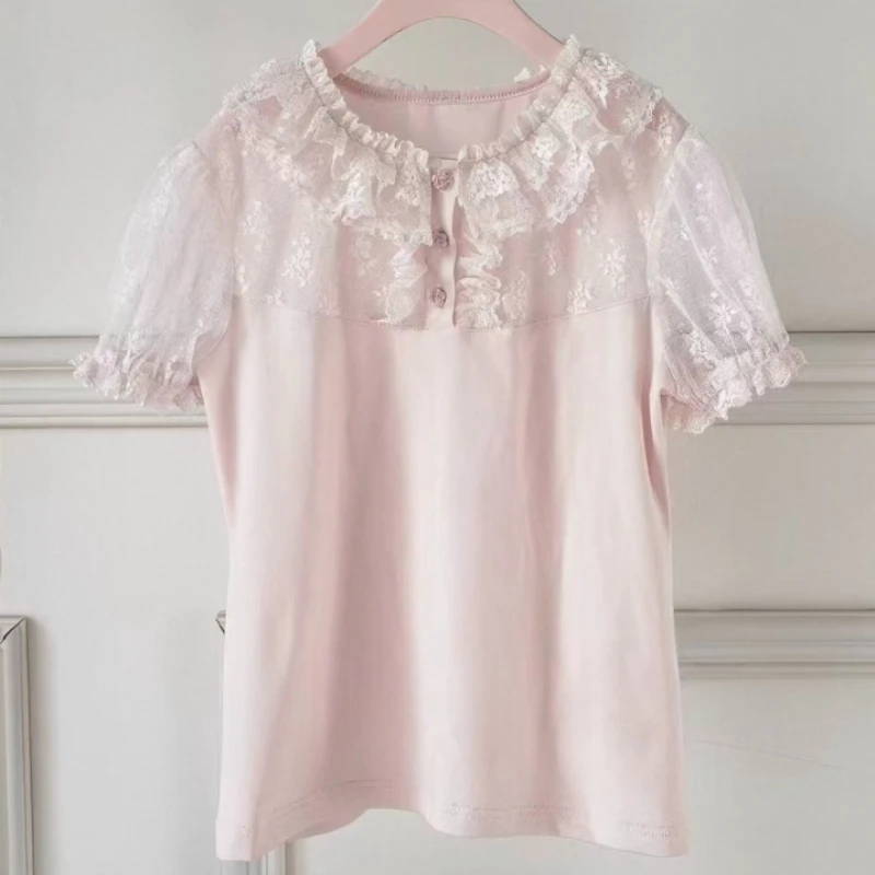 

Japanese Sweet Lolita Blouses Women Cute Ruffles Mesh Patchwork O Neck Puff Sleeve Shirts Girls Vintage Kawaii Loose Inside Tops