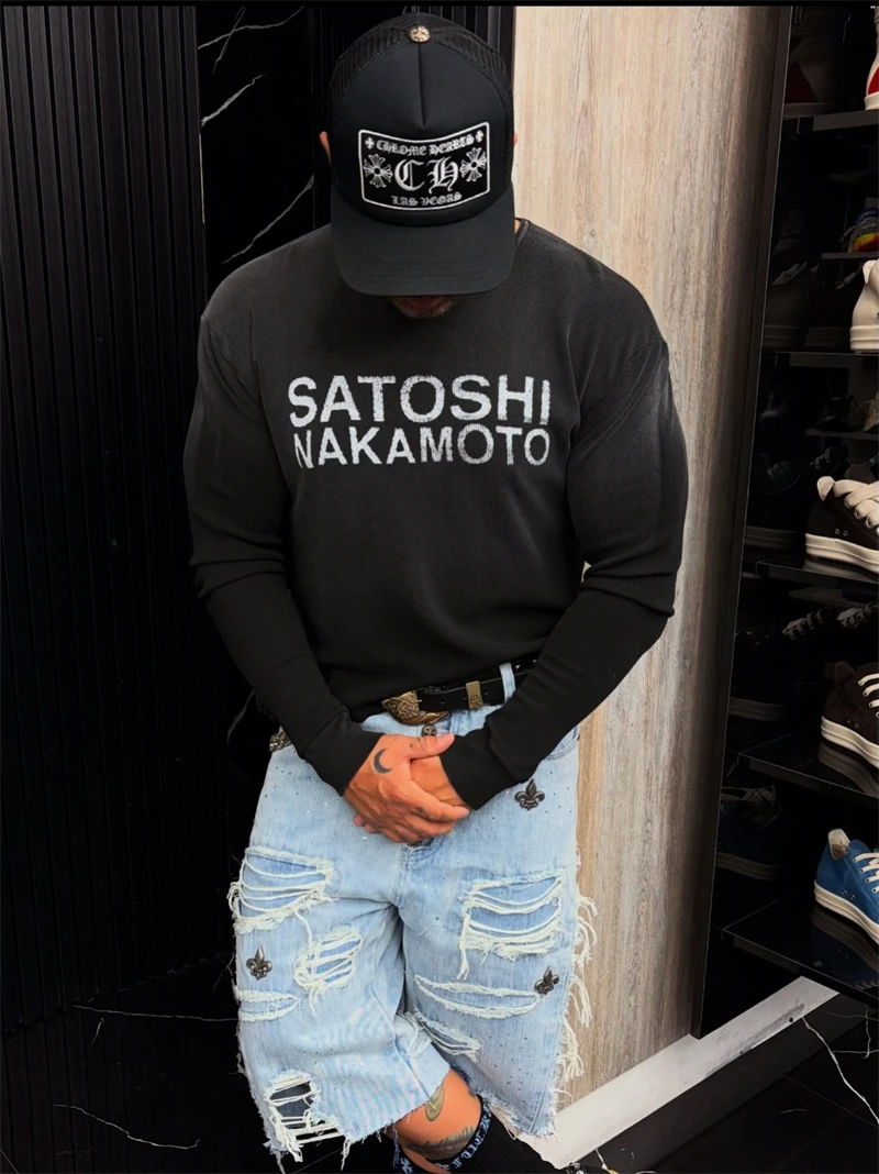 New SN Letter Printed Washed Vintage Street Casual Loose Waffle Long Sleeve Cotton Versatile Round Neck Oversize Trendy T-shirt