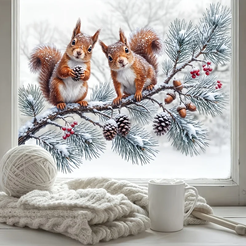 Static Clings Window Sticker, Double-Sided Visible, Winter Cute Red Squirrel Pinecone Berry Snow Branch, Xmas Winter Decor