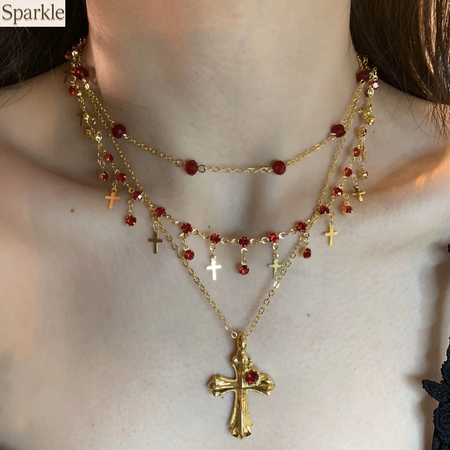 

Gothic Style Multi-layer Stackable Tassel Cross Layer Necklace For Women Halloween Red Rhinestone Clavicle Chain Fashion Jewelry