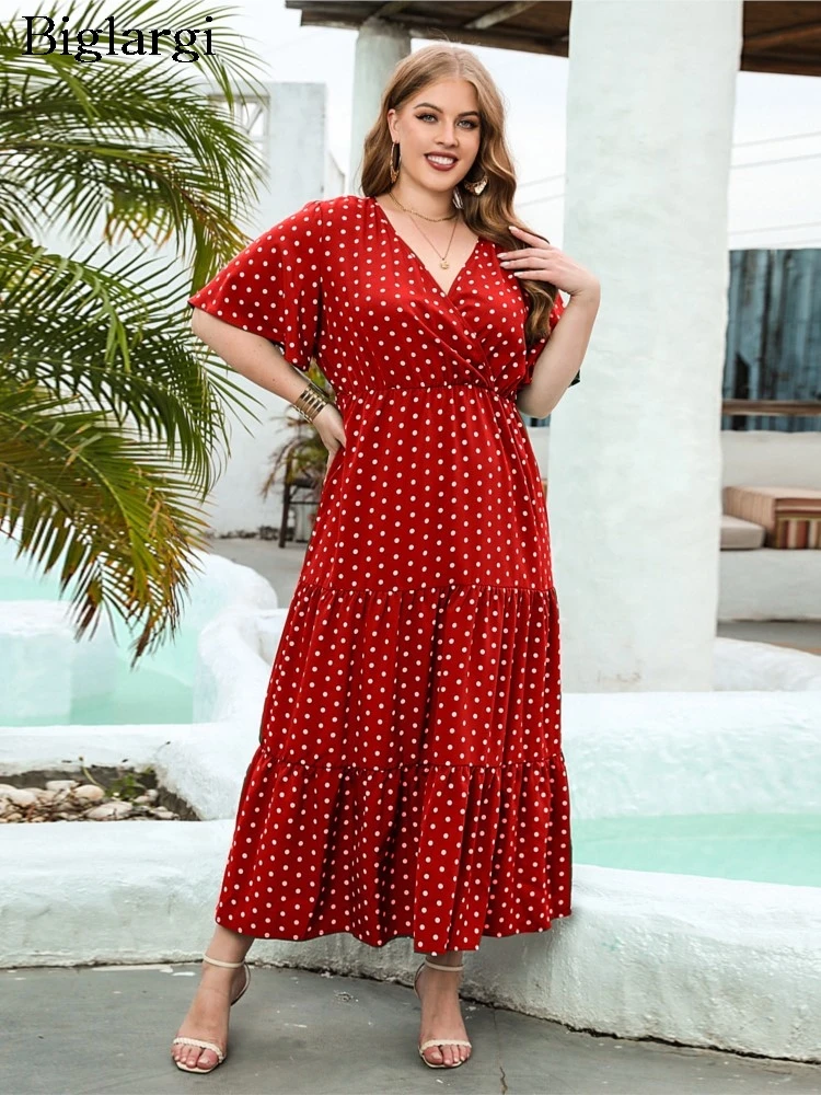 

Летнее платье больших размеров с v-образным вырезом, женское платье в горошек, модные женские платья с рюшами, повседневное свободное плиссированное женское платье с коротким рукавом