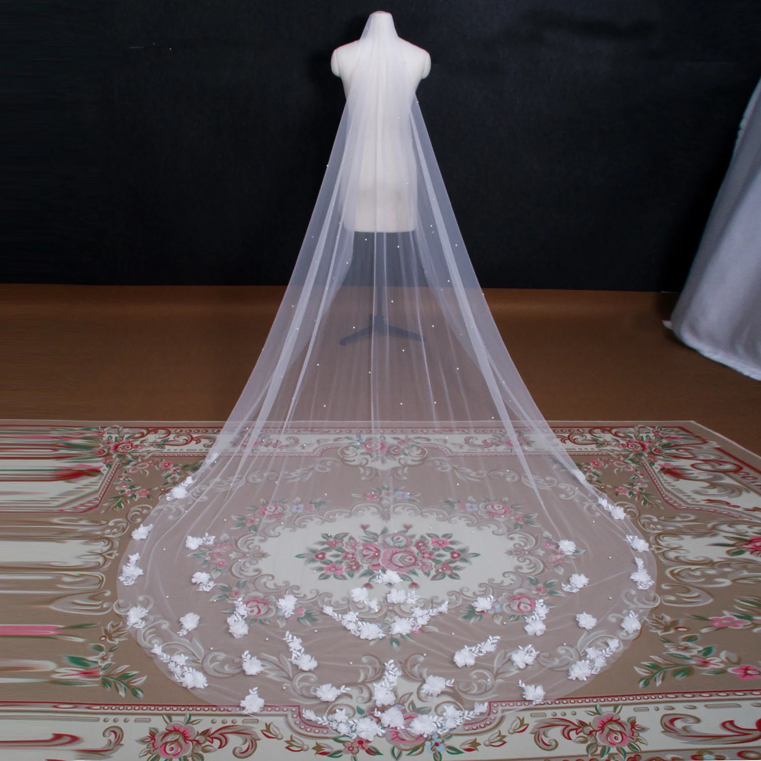 NZUK Long Train Bridal Veils 3D Flowers Wedding Veil with Pearls Bridal Shower Veu of Bride 3 Meter Veu de Noiva