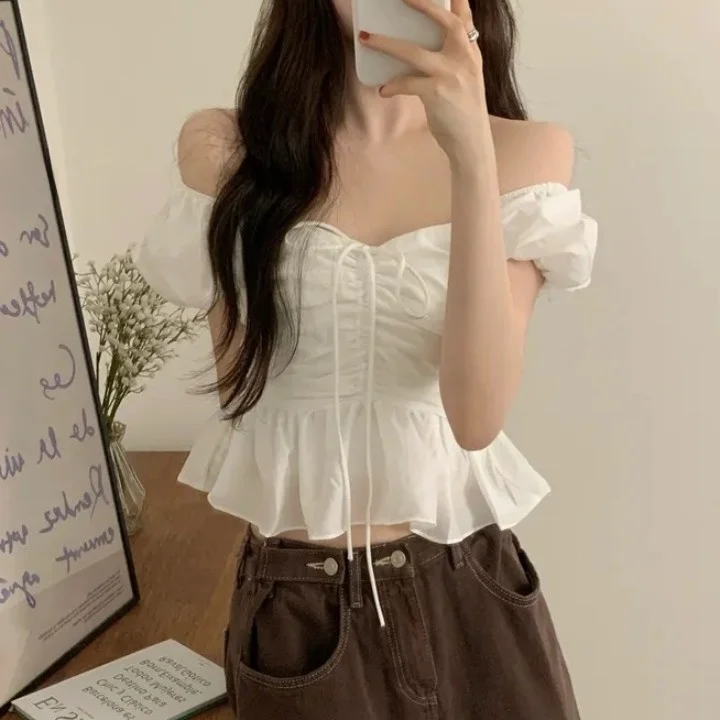 

Korean Sle ort Chiffon irt Women's Sweet Bow Tie Waist Gathered Waist Doll Top Pure Color Sweet Sle Summer Faion
