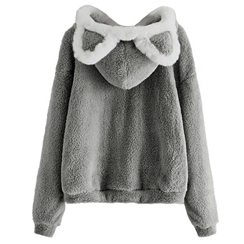 Lässiger Langarm-Kapuzenpullover mit Katzen- und Bärenohren, einfarbige Oberbekleidung, Kapuzenpullover mit 3D-Tierohren, flauschiger Fleece-Sweatshirt, Street-Style-Oberteil – Detail 10
