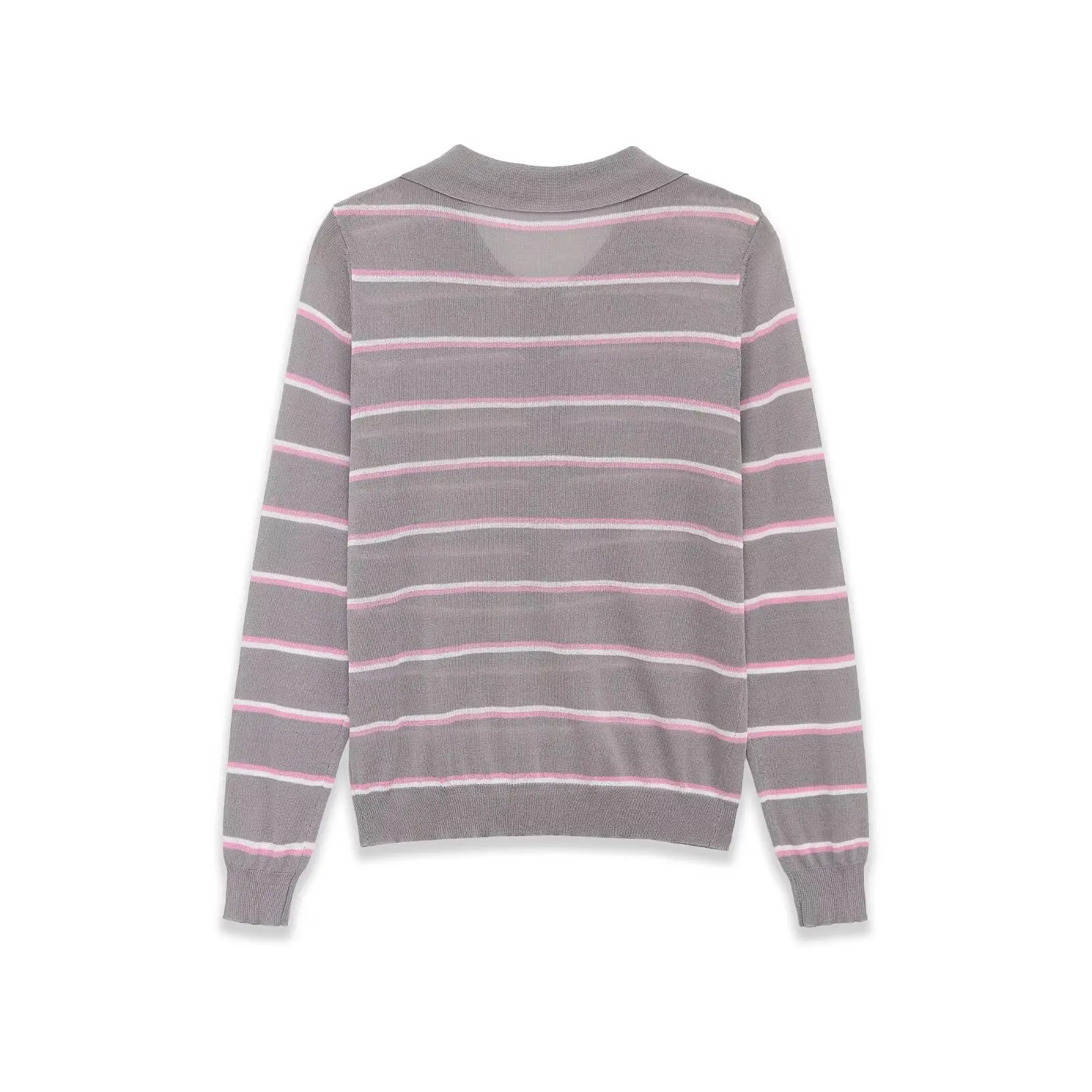 Fashion Casual Fine-knit Striped Shirt Women Gray Pink Stripe Polo Neck Knit Sweater Long Sleeved Button Front Casual Top 7LP8