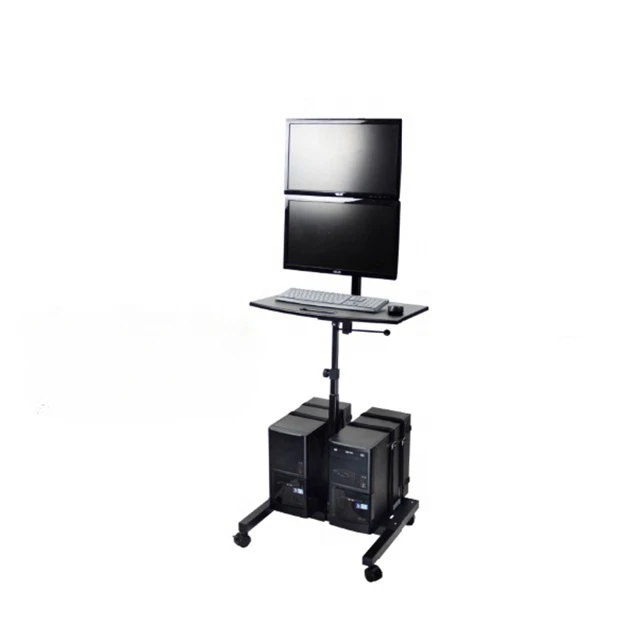 Mobile rotating Alu vertical position Dual screen sit to stand Cart with large work table and Bottom shelf  mount pc case