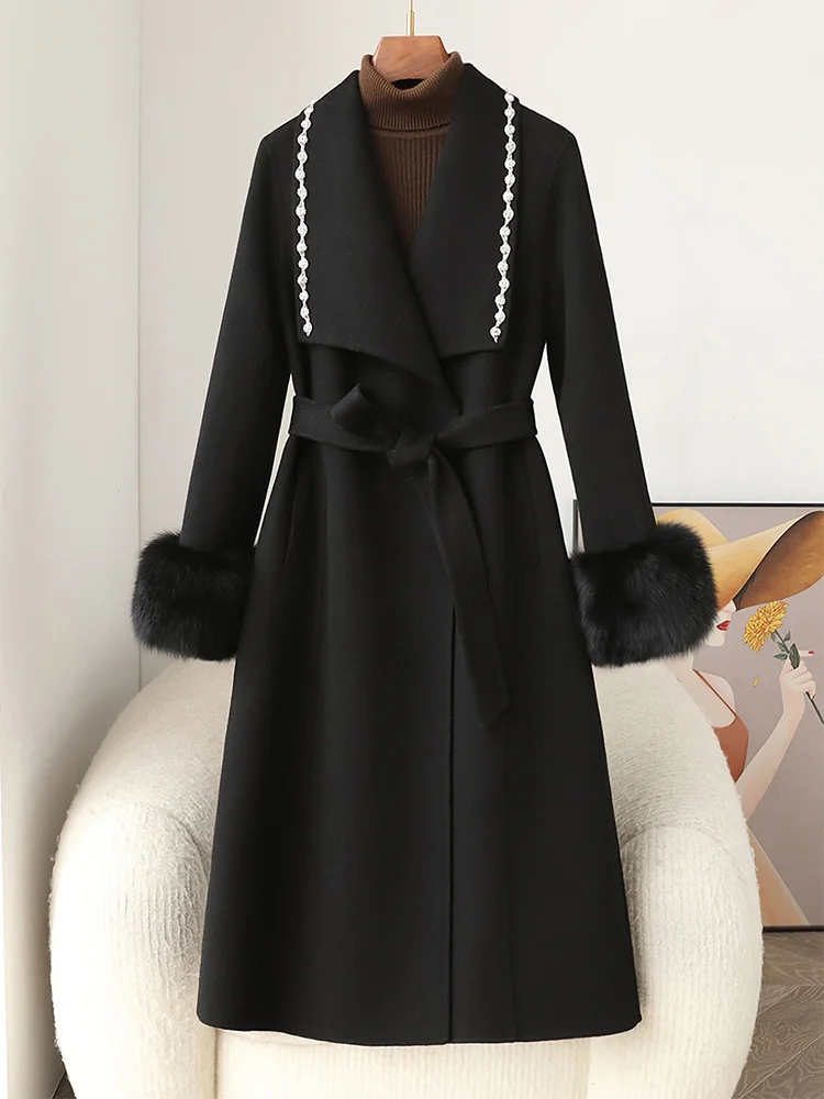 

2026 New Winter Cashmere Coat Wool Real Natural Fox Cuffs Coat Cardigan Embroidery Women Winter Warm Luxury Long Coat