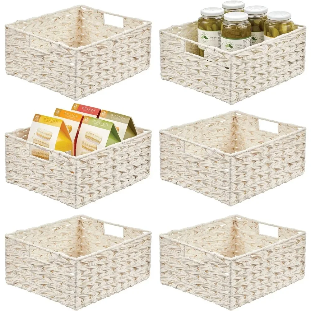 Woven Farmhouse Kitchen Pantry Food Storage Organizer Basket Bin Box - Container Organization for Cabinets, Cupboards, Shelves