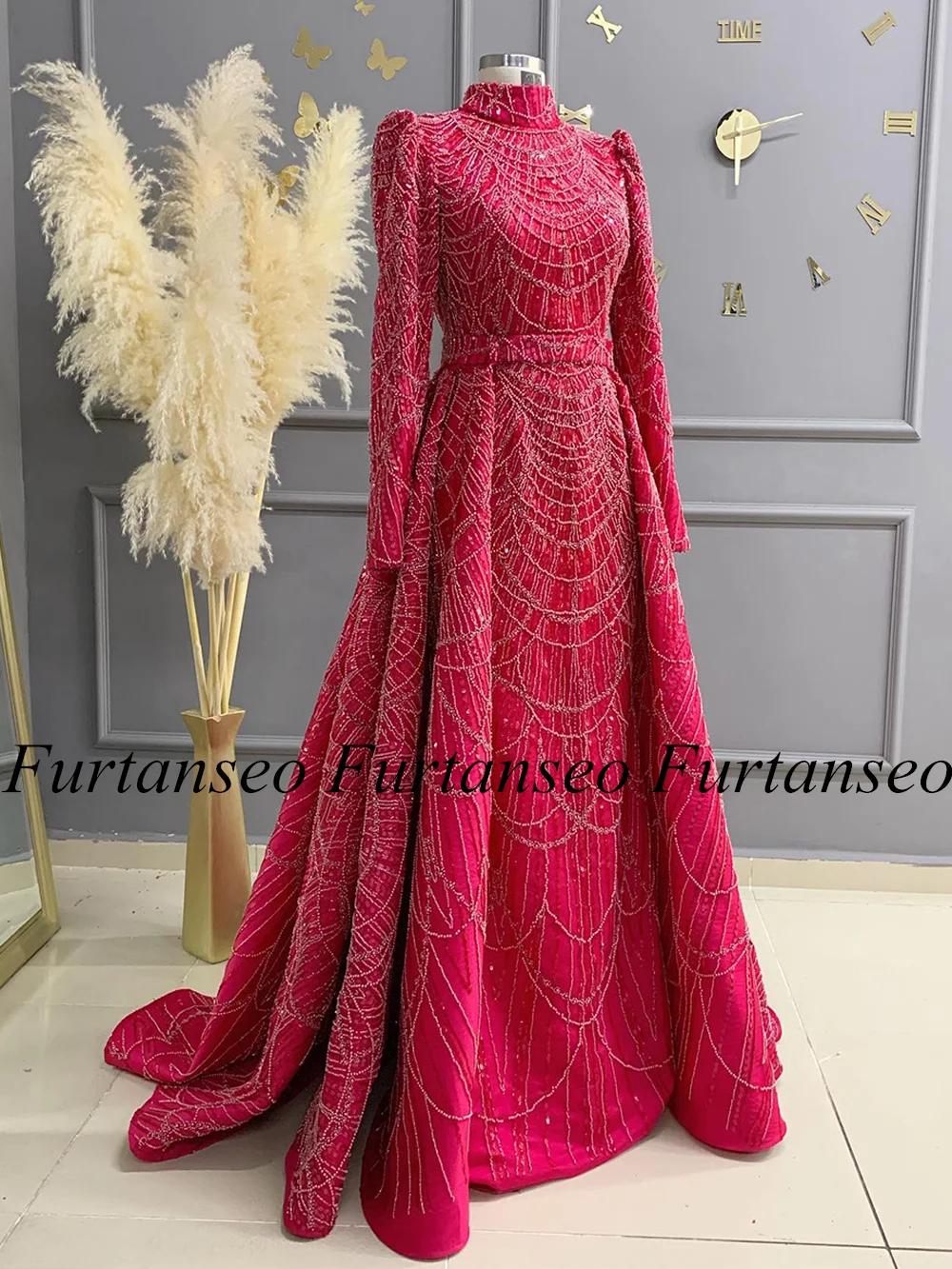 Islamic Prom Dress High Neck Long Sleeves Sparkling Beading Pearls Evening Dresses with Detachable Skirt Arabian Party Gown