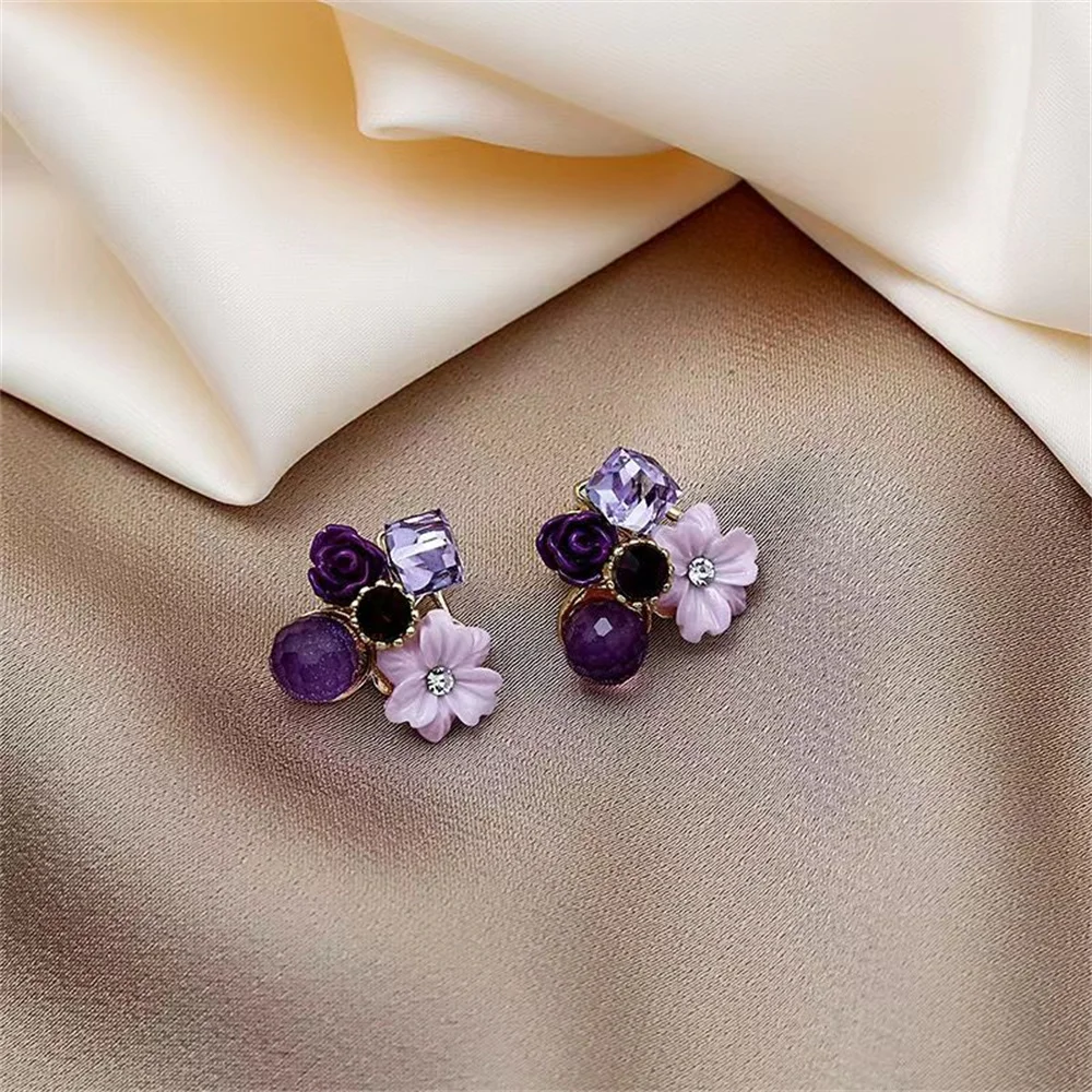 Exquisite Crystal Purple Flower Zircon Stud Earrings For Women Light Luxury Romantic Pearl Earrings Wedding Party Sweet Jewelry