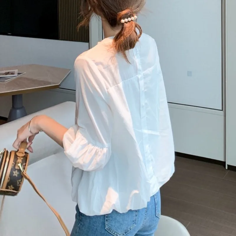 2023Summer Women's Pullover Lace Round Neck Long Sleeve Lantern Sleeve Solid Color T-shirt Fashion Style Commuter Chiffon Tops