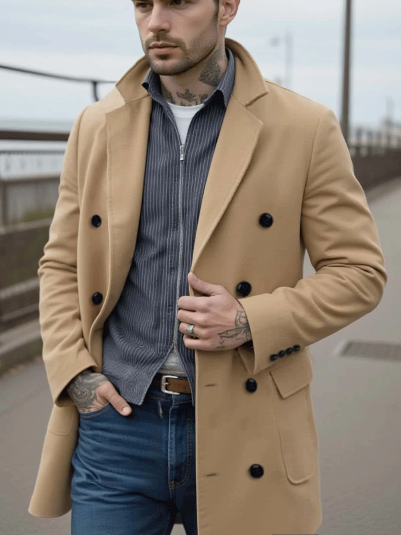 Men's Japanese Style Wool Coat Double-Breasted Thickened & Windproof Notch Lapel Trench for Winter