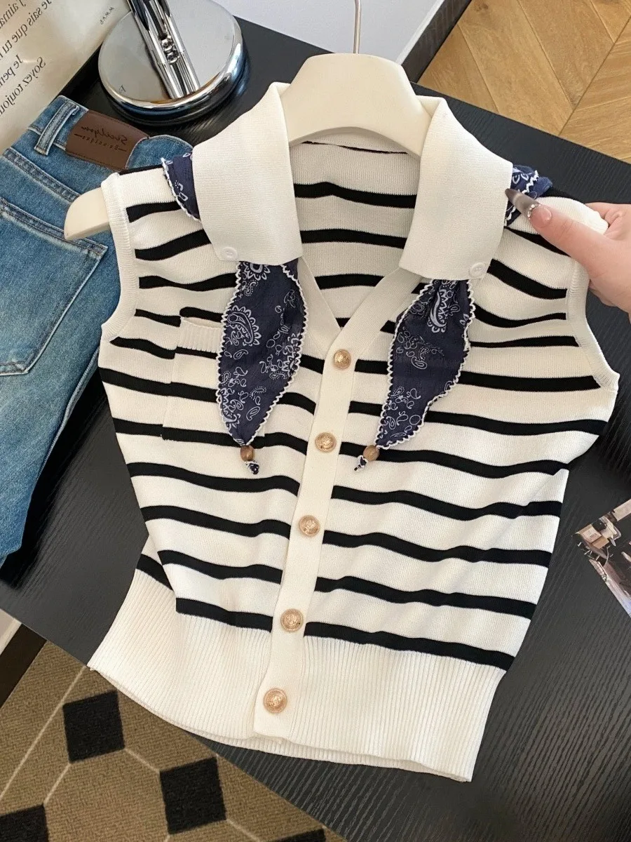 

Retro Contrast Color Stripe Svel Knitted Vest Casual Slimming Top for Women Summer Commute Sle Straight Cut Bal