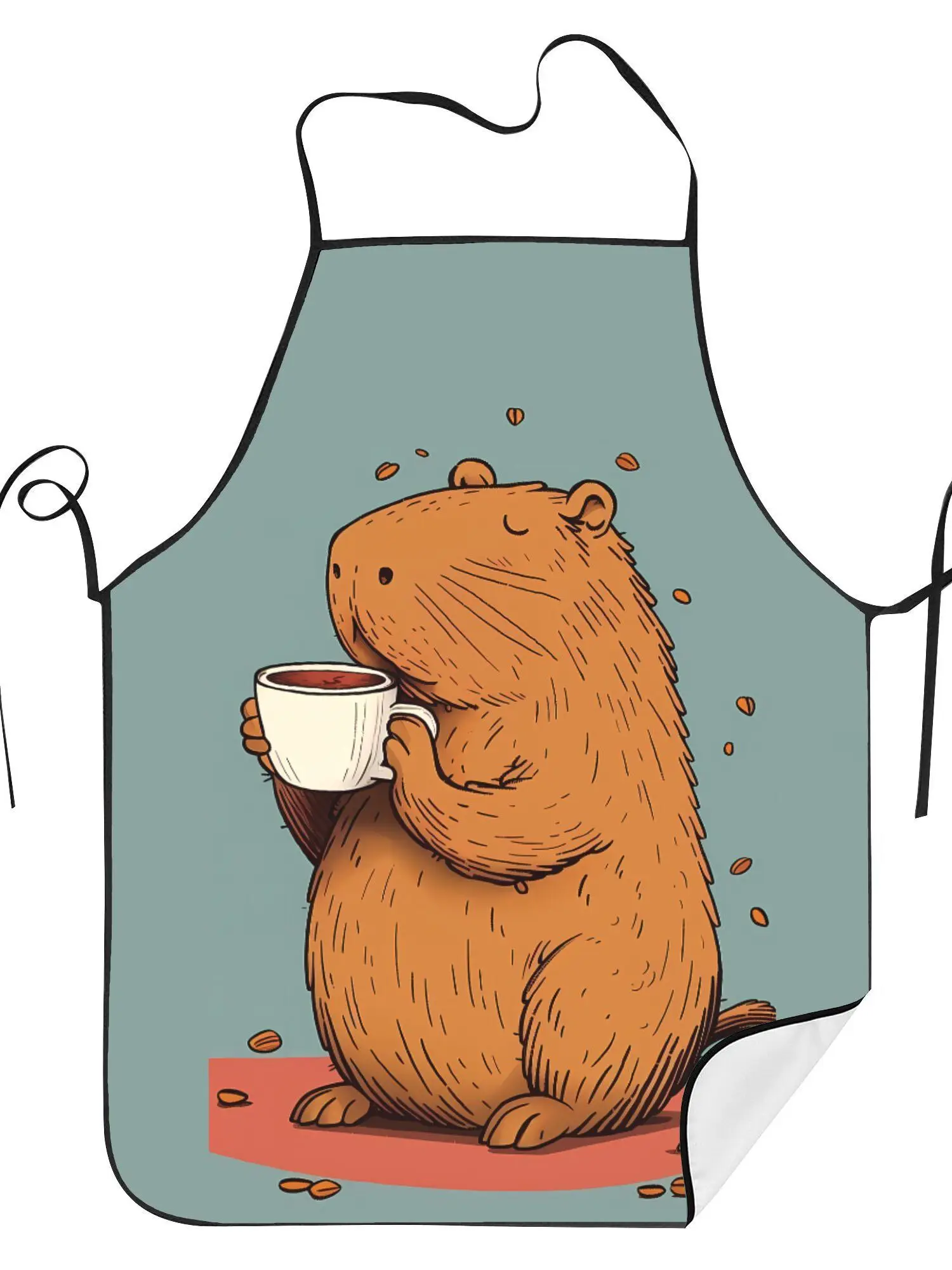 Capybara Drinking Coffee Apron Chill Animal Art Kitchen Cooking Baking Gift For Women Relaxing Chef Wear Cartoon Design
