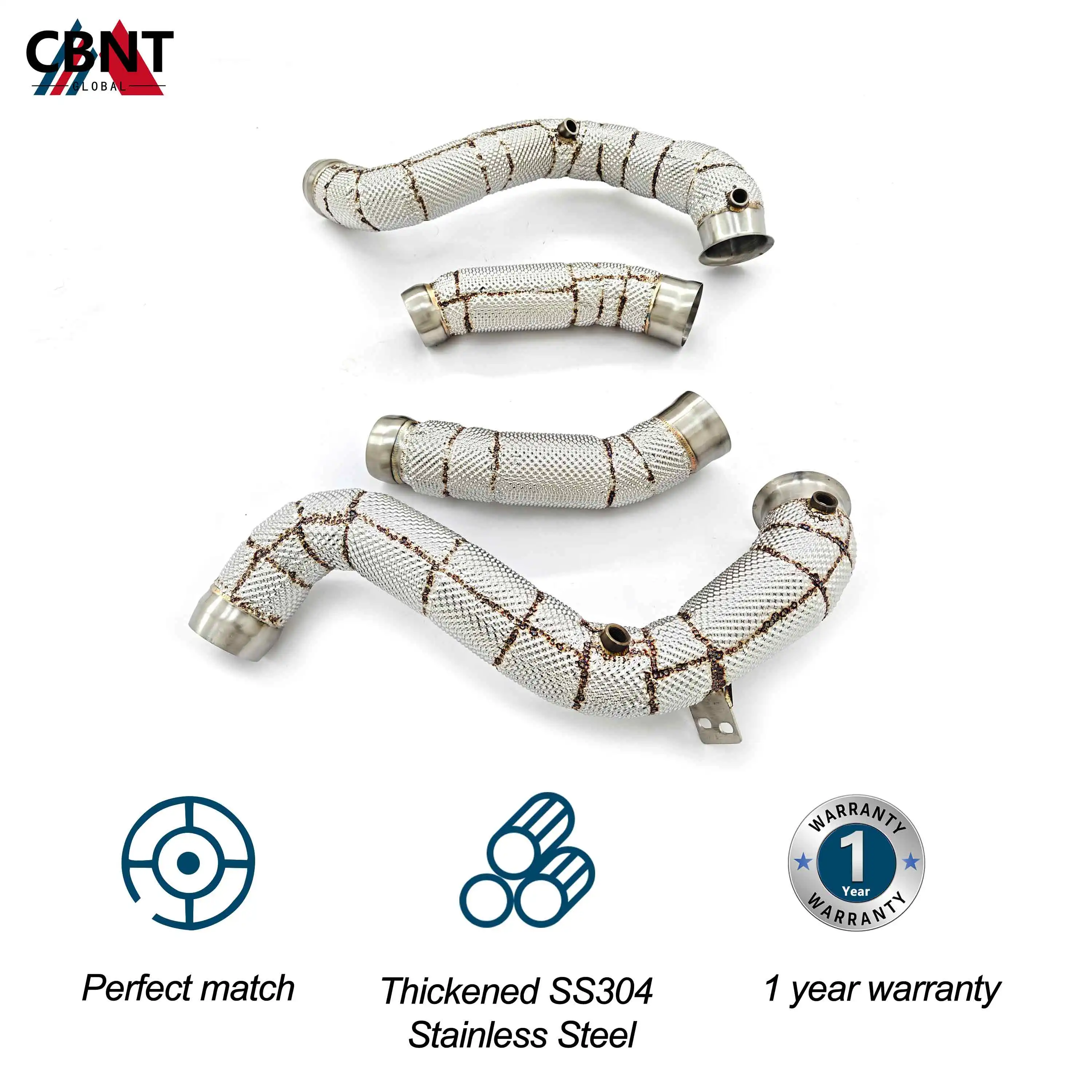 CBNT Exhaust Pipe Straight Downpipe with Heat Shield for Mercedes Benz C63 W205 GLC63 SS304 High Flow Exhaust Header Without OPF