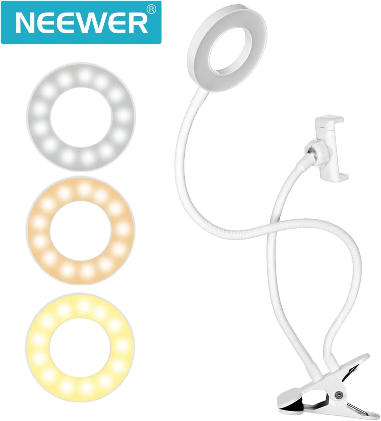 Neewer Clamp-on Selfie Ring Light مع حامل الهاتف الخليوي ذو دعامة كسولة للبث المباشر، YouTube، Facebook