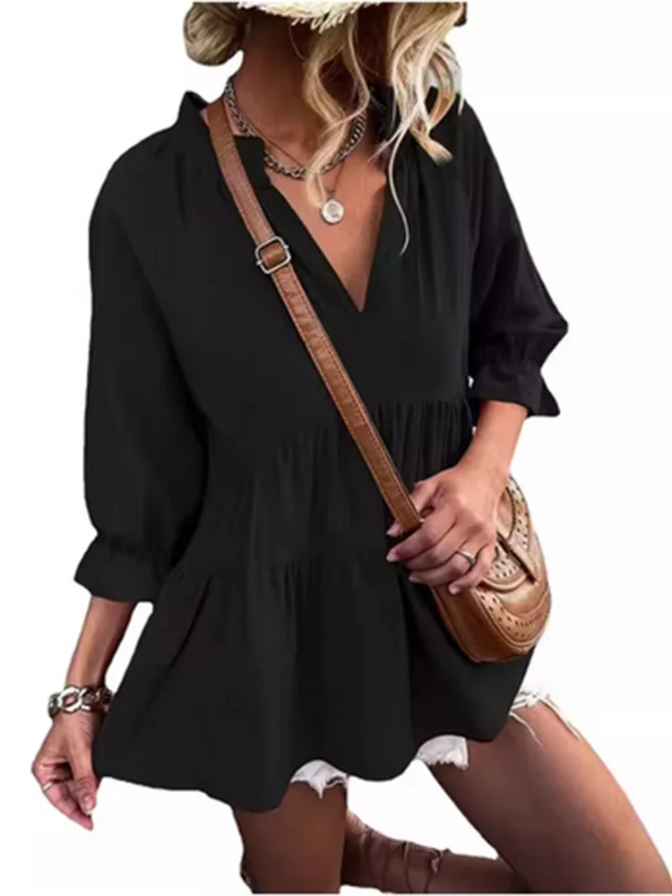 4 Color Casual Loose V-Neck Long Sleeve Shirt Women\'s Solid Color Top Spring Autumn T-Shirt