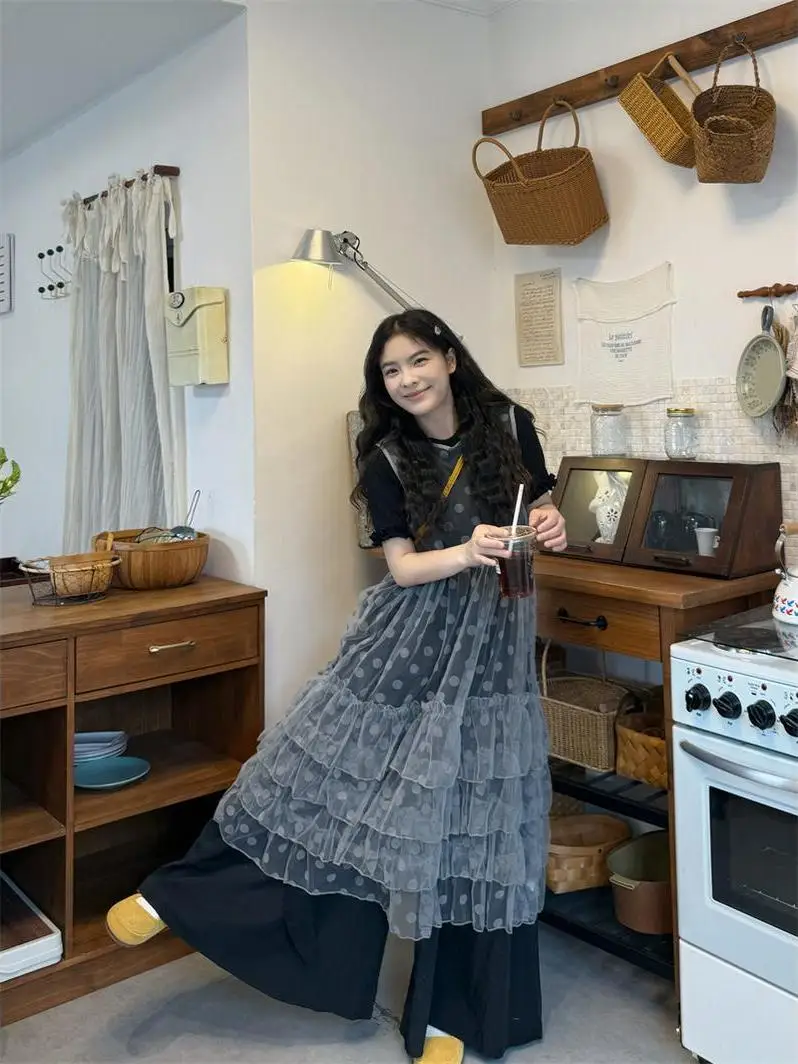 

Fashionable Velvet Polka Dot Mesh Skirt T-Shirt Wide Leg Pants Three-Piece Set Women's Spring 2026 New Style High Quality
