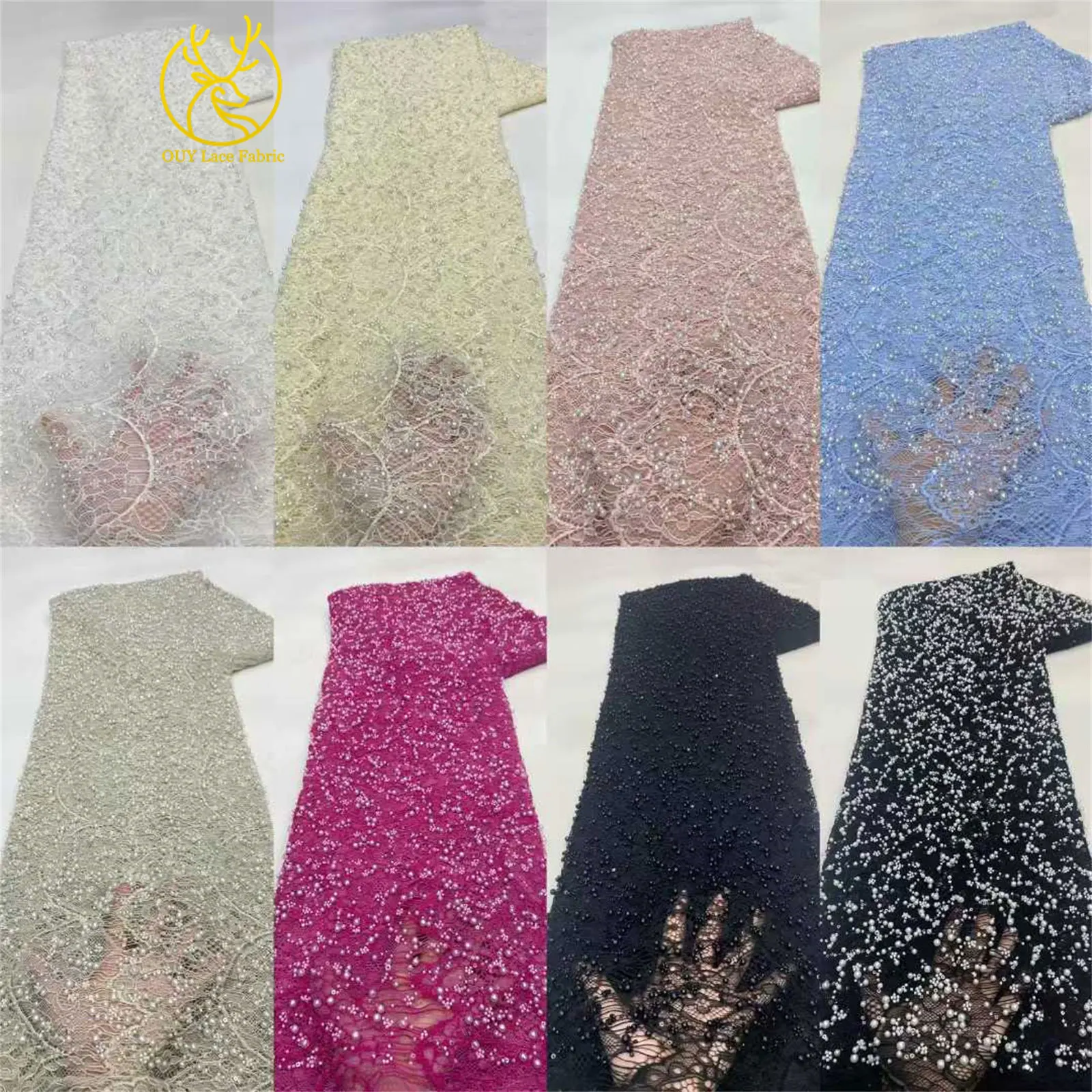 Afrikanischer handgefertigter Perlen-Spitzenstoff 2026, eleganter französischer nigerianischer Perlen-Spitzenstoff, geeignet zum Nähen von Damen-Partykleidern. – Detail 3