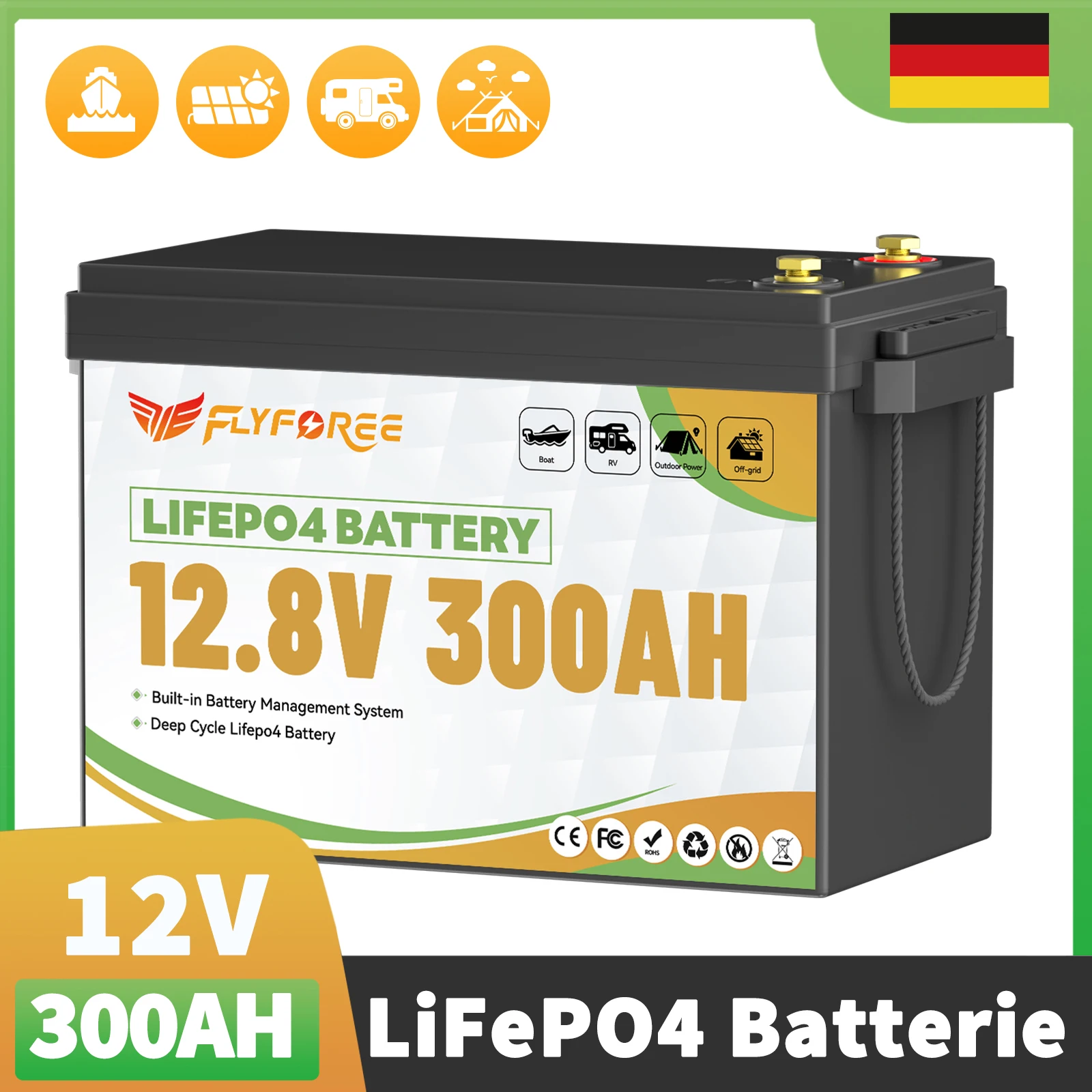 FLLYROWER 12V 300Ah LiFePO4 batterie au Lithium avec 200A BMS Cycles profonds d'énergie pour camping-car hors réseau système solaire RV bateau