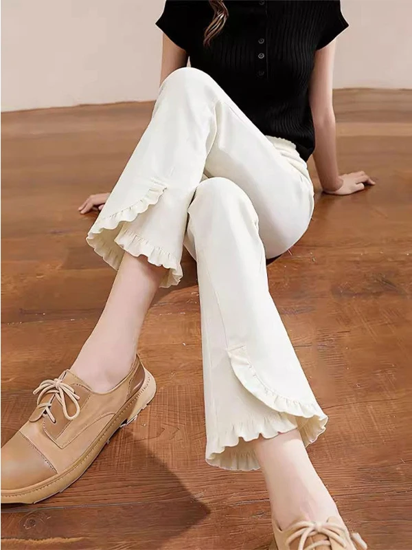 

Milk White Earlet Lace Hem Wide Leg Pants Women's Summer New Loose Drapey Slimming Commute Fashion Casual High Waist Flared T...