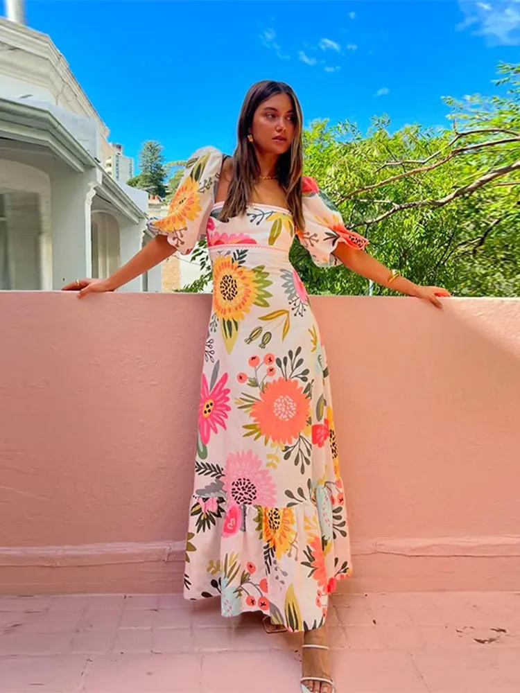 

Summer Tropical Style Flower Printed Maxi Dress Women Square Neck Short Sleeve Colorful Vestido Female Fashion Holiday Beachwear