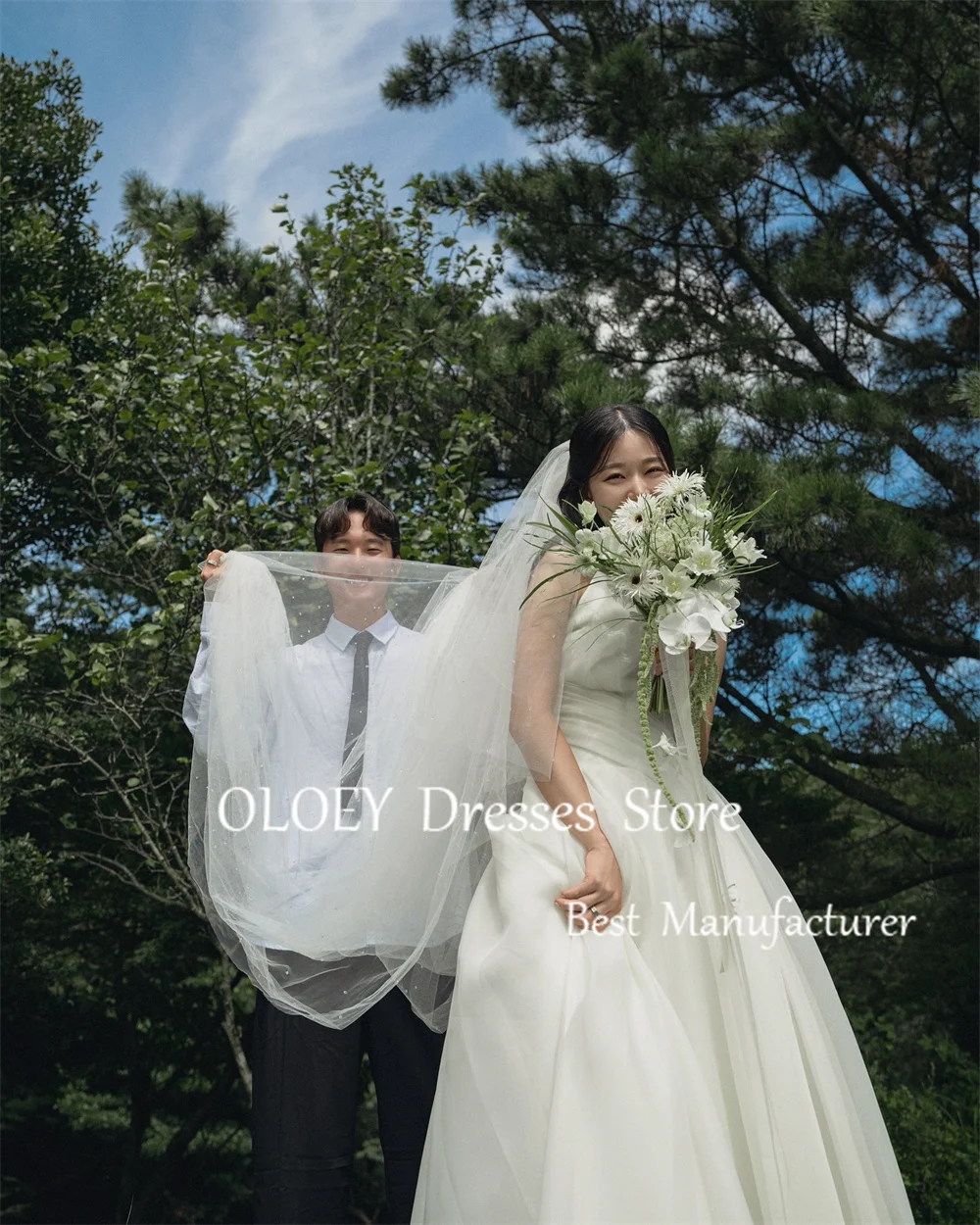 OLOEY-vestido de novia de color marfil, sin mangas, con cuello Halter, sesión de fotos de Corea, Organza sedosa, plisado, largo hasta el suelo, hecho a medida