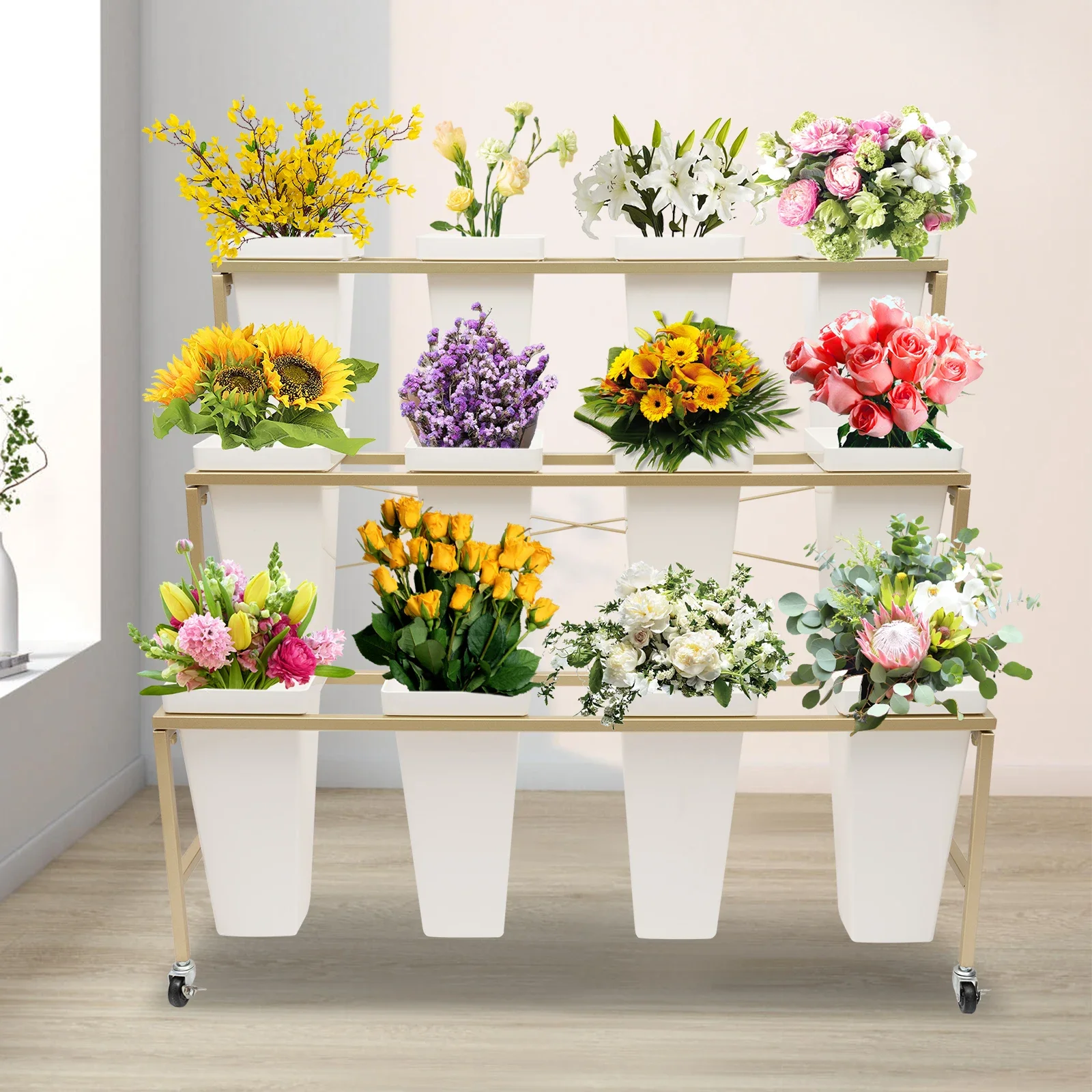 3-Layer Metal Heavy Duty Moving Plant Stand with Wheels Flower Display Stand 12Pcs Bucket for Indoor Outdoor Garden Florist