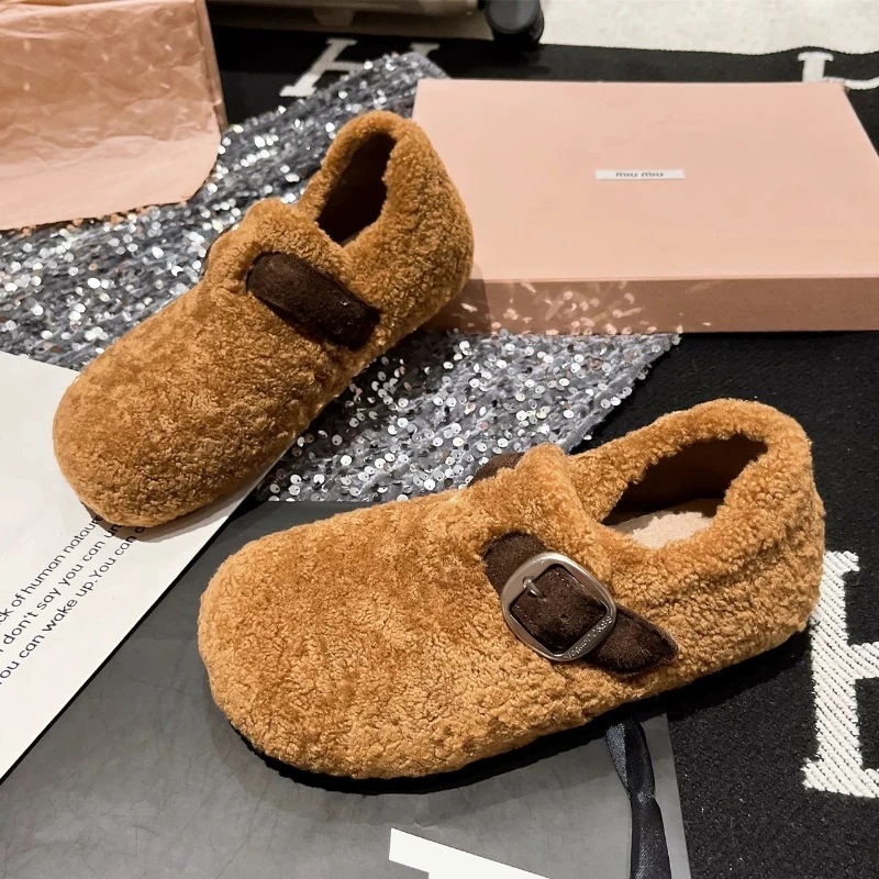 

Furry Cotton Shoes Women's Flats Short Plush Snow Boots 2025 Winter Fashion Boots New Warm Buckle Loafers Sport Ladies Boots
