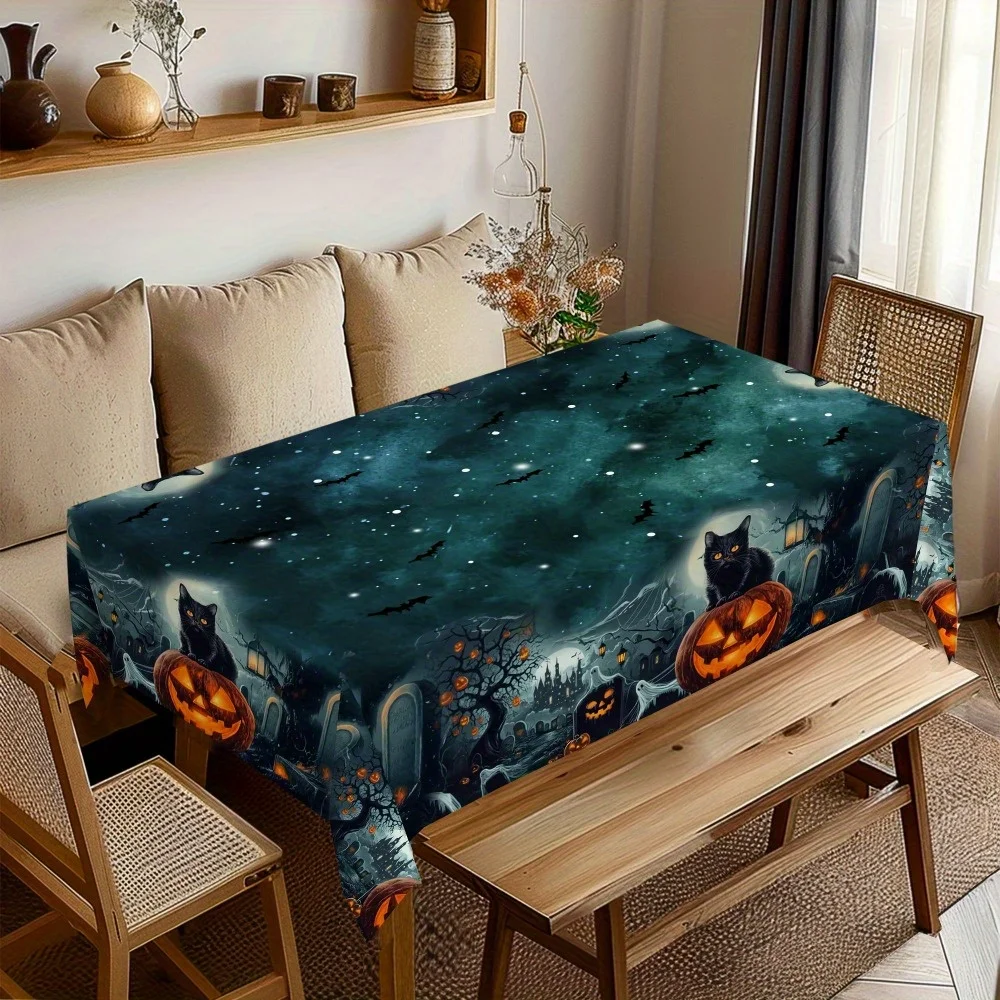 1 piece of terrifying Halloween tablecloth - featuring designs of cats, pumpkins, castles and batszyc
