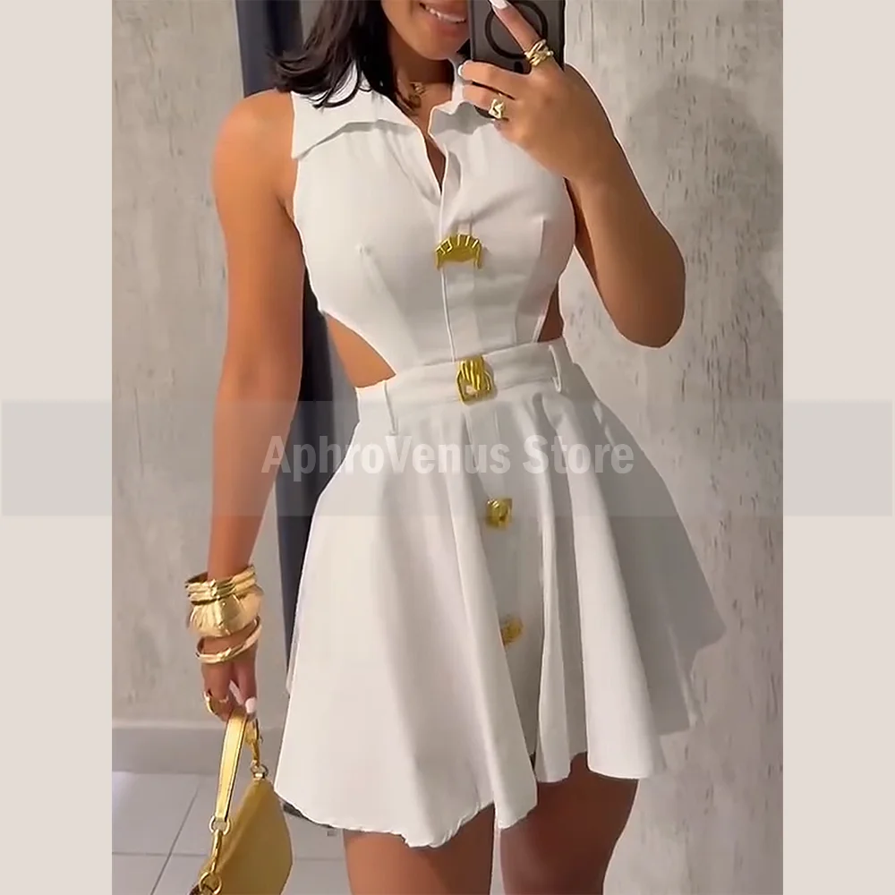 Sleeveless Cut - Out Shirt Dress with Collar Elegant Gold Buckles &Buttons Flared Skirt Design – Perfect for Stylish Occasions