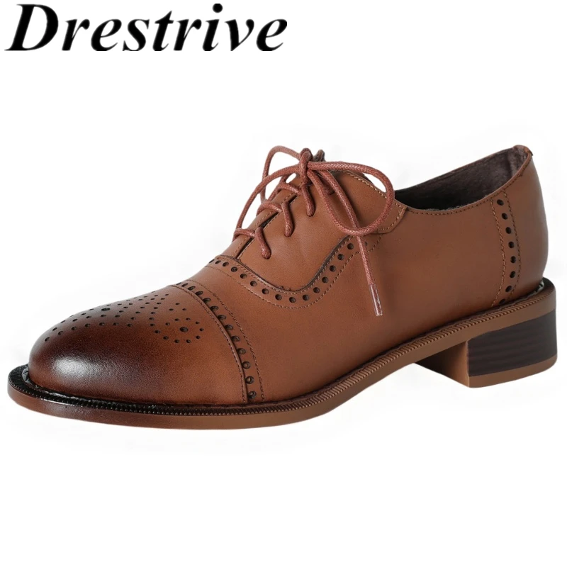 Drestrive 2025 Classic Loafers Laminated Split Leather Round Toe Lace Up Thick Low Heels Handmade Women's Pumps