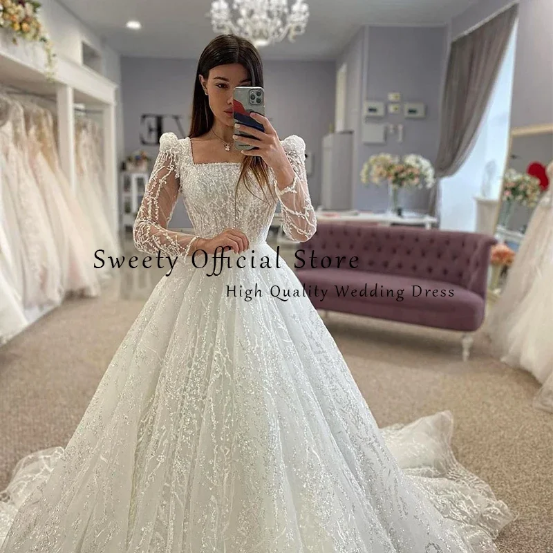 Shining Wedding Dress Embroidery With Lace Ballgown Luxurious Square Collar Full Sleeve Bride Button Vestido De Novia Customized