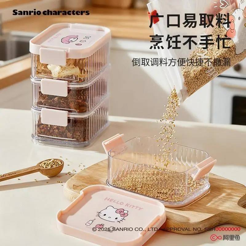 3Pcs Sanrio Hello Kitty Spice Seasoning Storage Box Food Grade Material Household Kitchen Use Moisture Proof Sealed Container