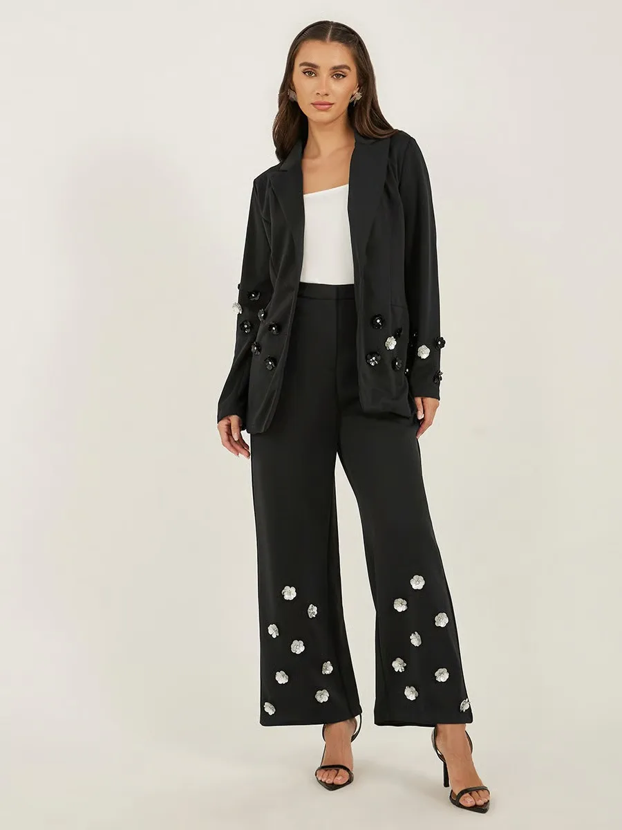 Vestidos de noche elegantes para mujer, trajes con botones y flores, chaqueta con dos botones, pantalones para mujer, traje de satén de 2 piezas personalizado
