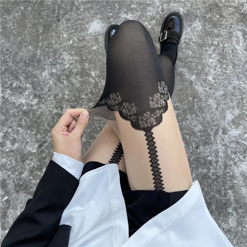 Rose Suspenders One-piece Pantyhose Women's Sense Black Silk Anti-hook Silk False High Tube Stitching Silk Hose